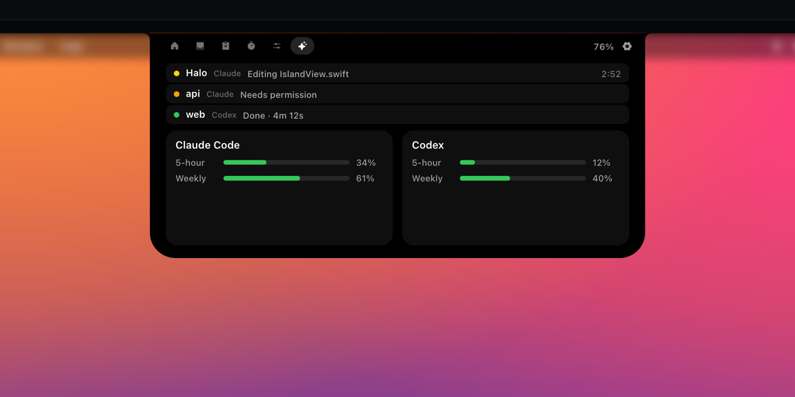 Halo's Agents tab in the notch: one Claude Code session editing a file, one needing permission, and a Codex session done in 4 minutes 12 seconds