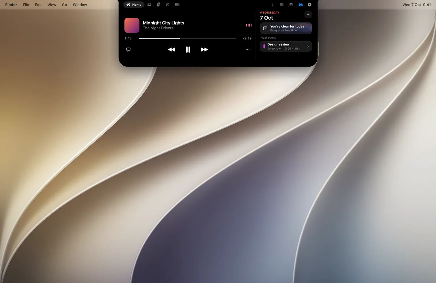 Halo 2.0 open in a MacBook notch on the macOS 27 wallpaper: now playing, today's date and the next calendar event