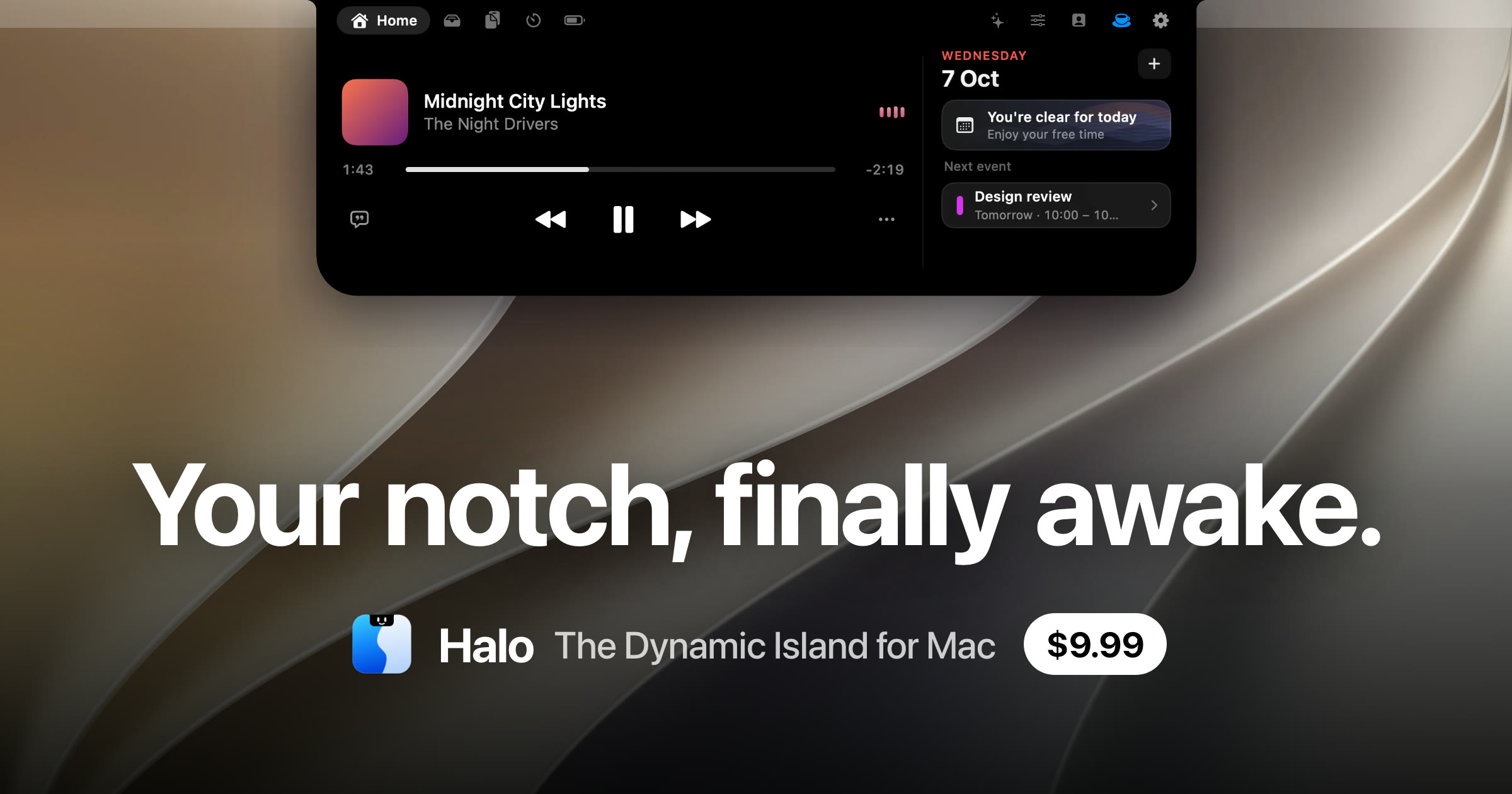 Halo 2.0 in a MacBook notch: notifications, dictation, Buddy and music
